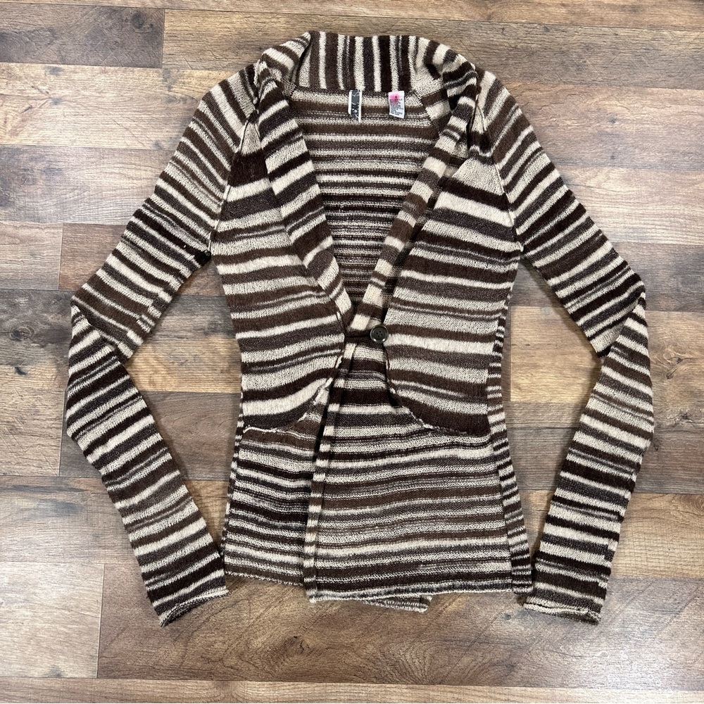 BKE Womens Cardigan Small Brown Striped Lightweight Knit Button Front